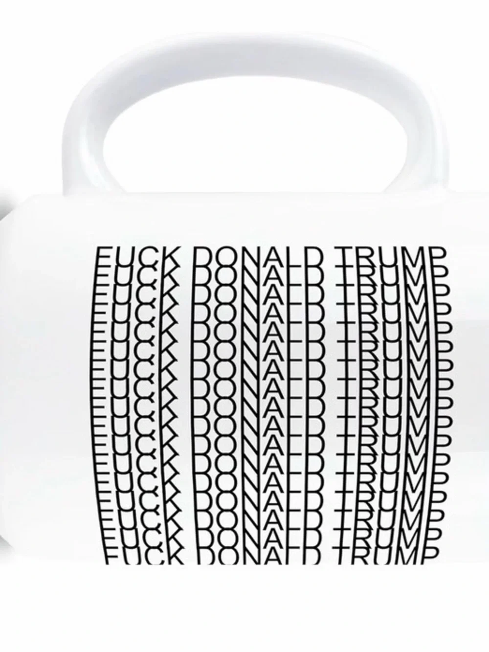 White Ceramic Mug with Bold Black Repeated Text